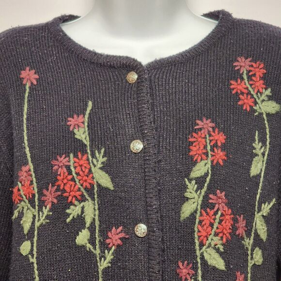 CC Hughes Woman's Cardigan Sweater Small Black Embroidered Red Foliage Button Up - Picture 1 of 10